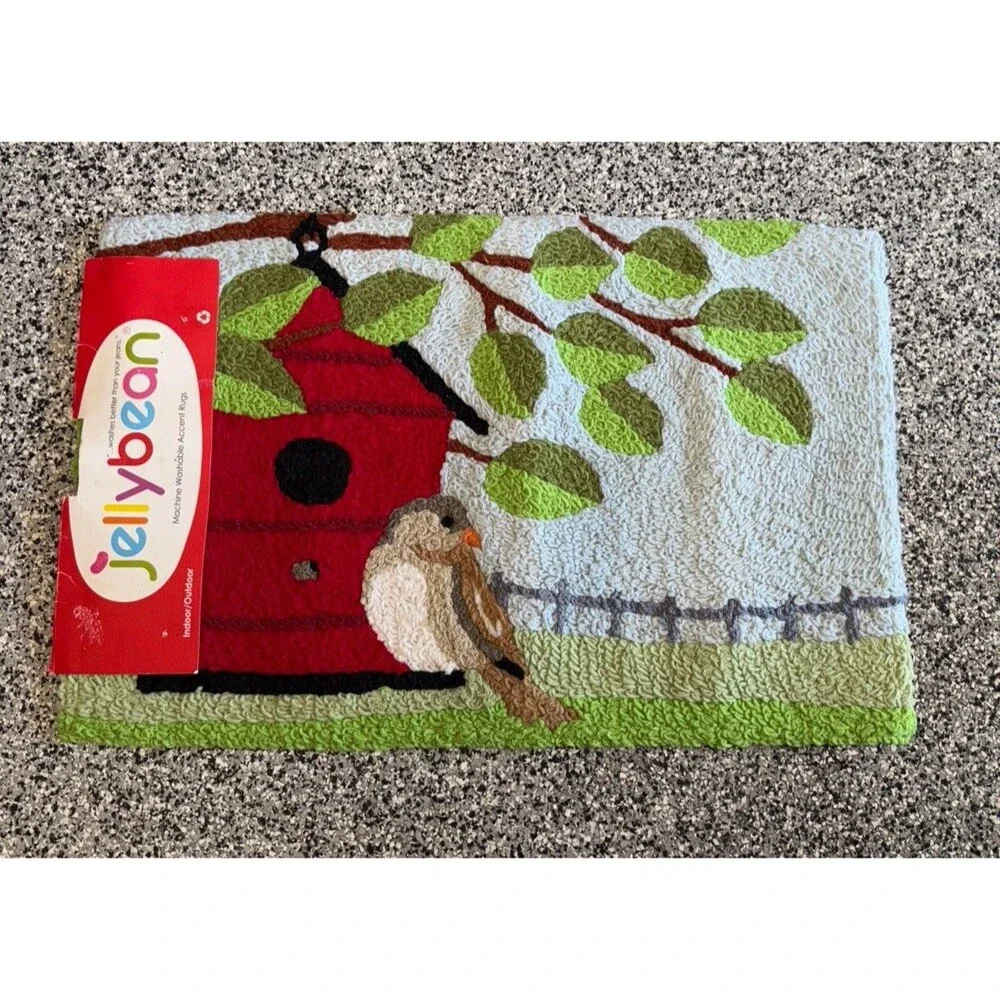 Jellybean Red Birdhouse  & Bird Accent Rug 21x33” Washable Indoor Outdoor